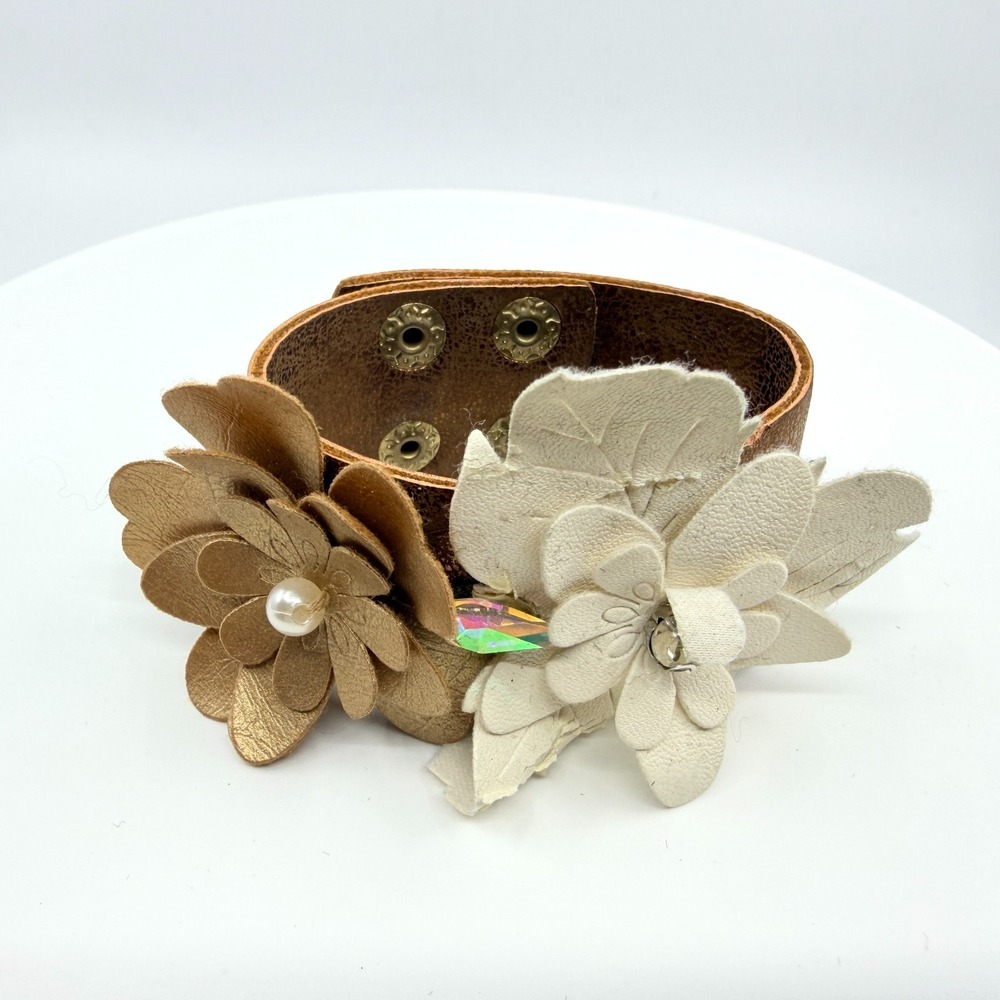 VTG Bronze Leather Flower Cuff Bracelet with Cream Pearl & Rhinestone